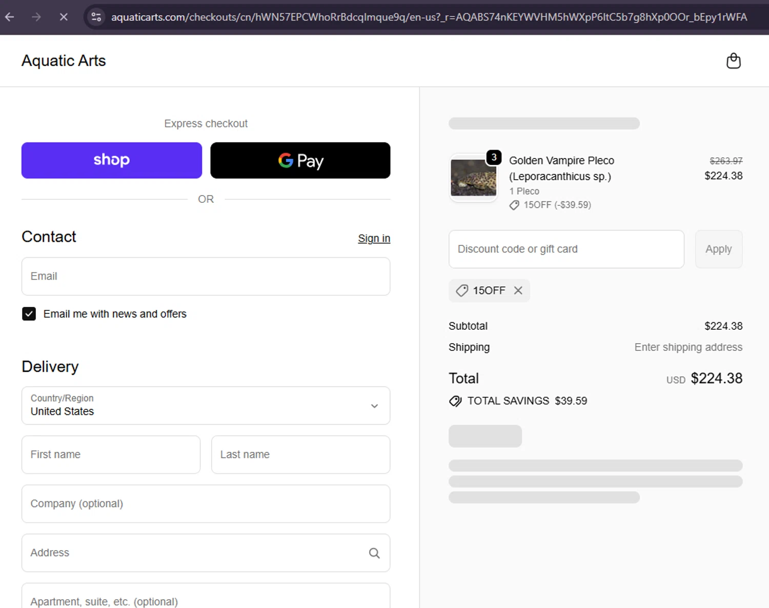 Aquatic Arts discount code screenshot showing code 15OFF applied at Aquatic Arts checkout page. Uploaded by SimplyCodes community member MoneySage8222 on Nov 10, 2025