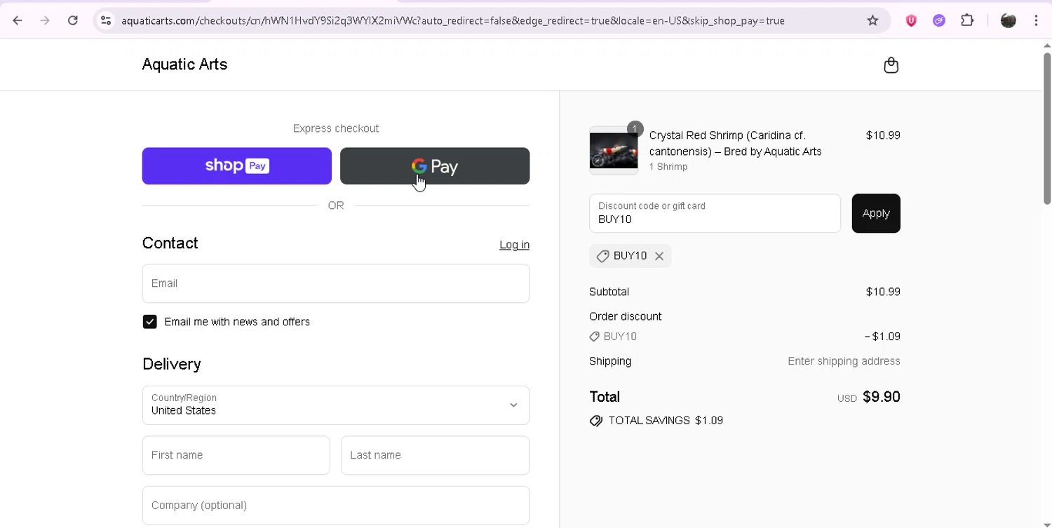 Aquatic Arts discount code screenshot showing code BUY10 applied at Aquatic Arts checkout page. Uploaded by SimplyCodes community member JASTIFY on Aug 1, 2025