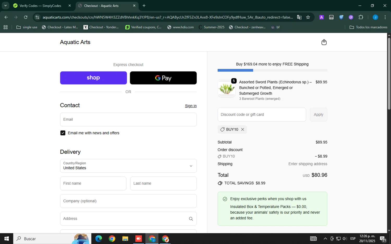 Aquatic Arts discount code screenshot showing code BUY10 applied at Aquatic Arts checkout page. Uploaded by SimplyCodes community member ELVERGALARGA on Nov 20, 2025