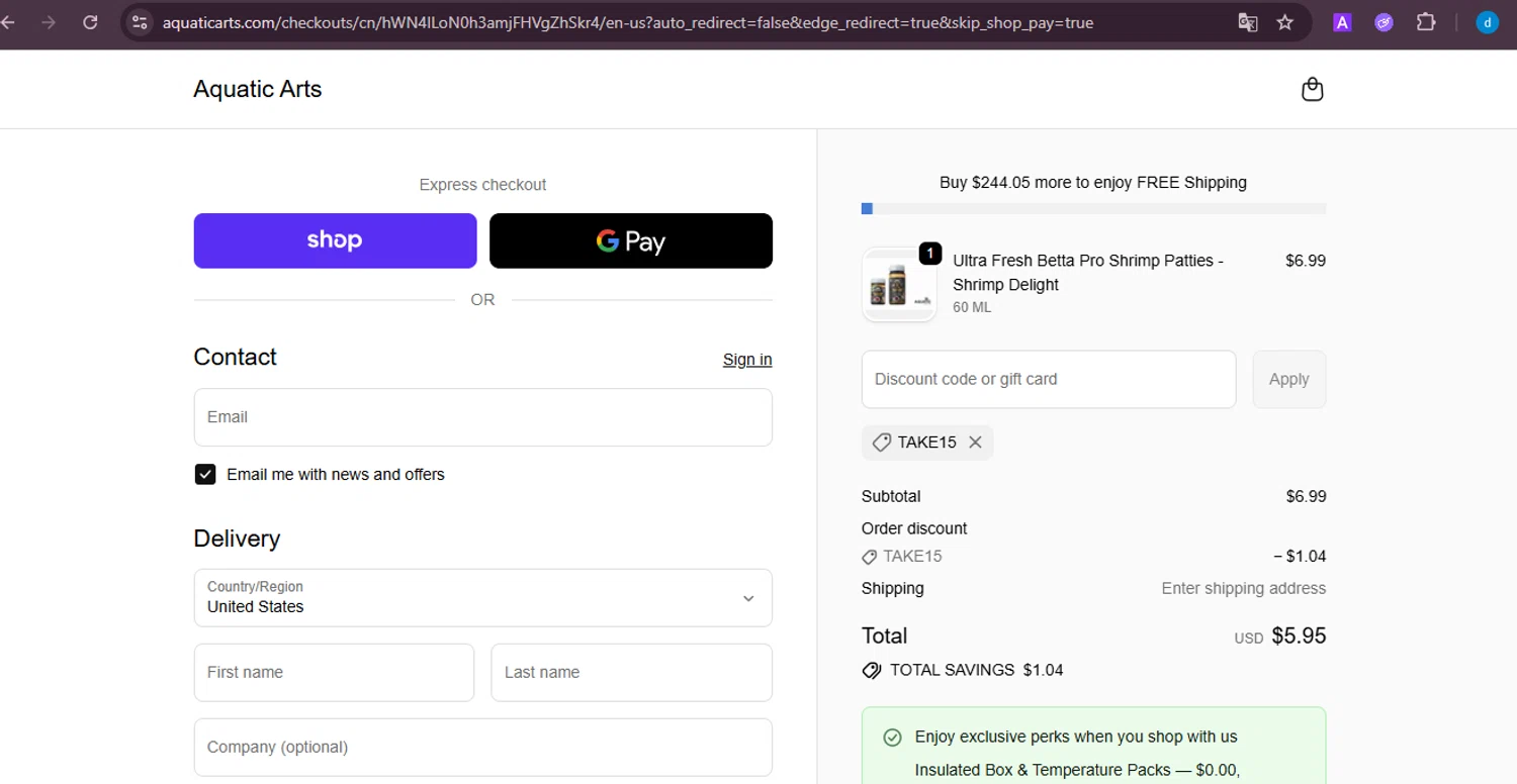 Aquatic Arts discount code screenshot showing code TAKE15 applied at Aquatic Arts checkout page. Uploaded by SimplyCodes community member ShieldKnight4744 on Oct 19, 2025