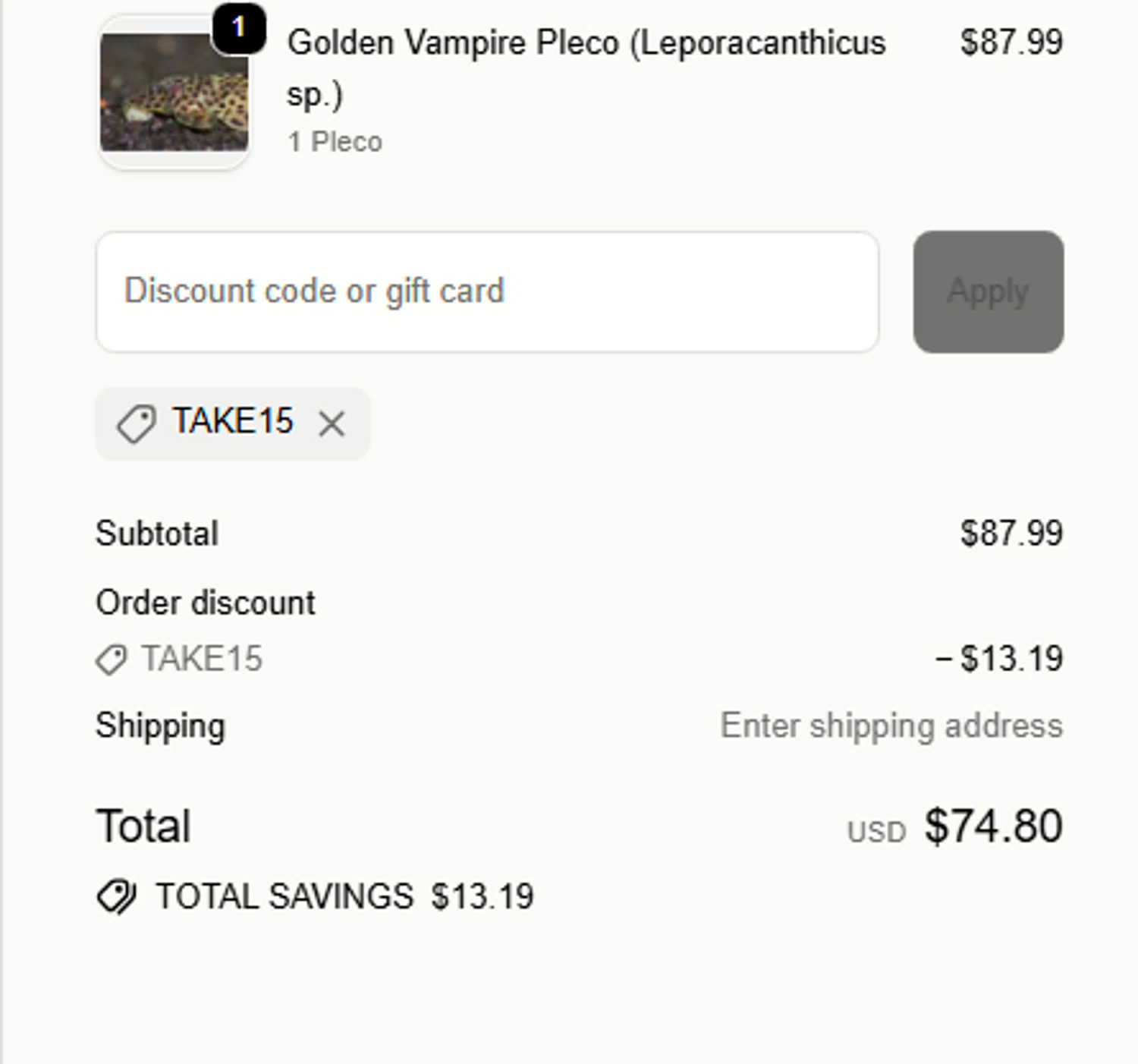 Aquatic Arts discount code screenshot showing code TAKE15 applied at Aquatic Arts checkout page. Uploaded by SimplyCodes community member Sova_Valorant on Nov 15, 2025