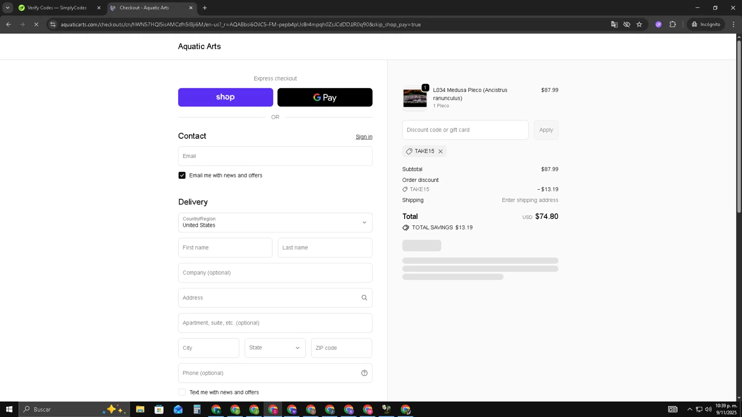 Aquatic Arts discount code screenshot showing code TAKE15 applied at Aquatic Arts checkout page. Uploaded by SimplyCodes community member TOROREX250 on Nov 10, 2025