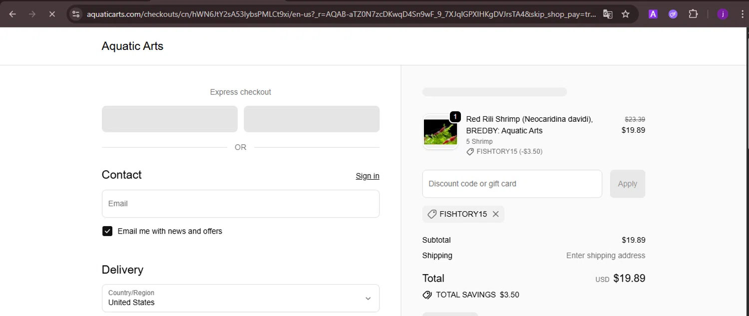 Aquatic Arts discount code screenshot showing code FISHTORY15 applied at Aquatic Arts checkout page. Uploaded by SimplyCodes community member CoinMaverick1452 on Dec 11, 2025