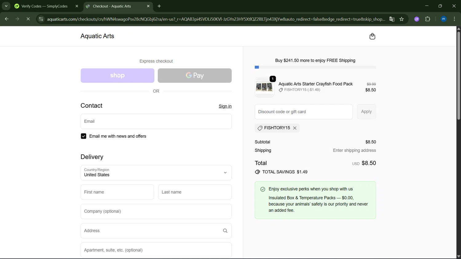 Aquatic Arts discount code screenshot showing code FISHTORY15 applied at Aquatic Arts checkout page. Uploaded by SimplyCodes community member GloriousSpotter8024 on Nov 4, 2025