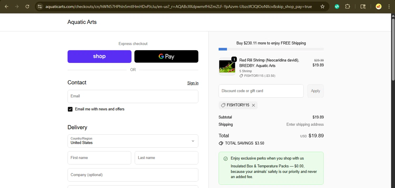 Aquatic Arts discount code screenshot showing code FISHTORY15 applied at Aquatic Arts checkout page. Uploaded by SimplyCodes community member giselmarstephanny on Nov 10, 2025