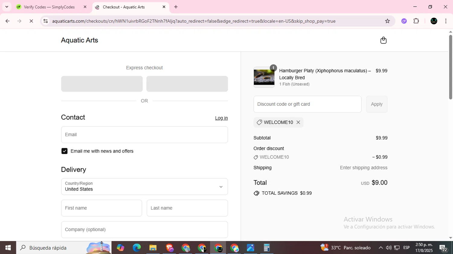 Aquatic Arts discount code screenshot showing code WELCOME10 applied at Aquatic Arts checkout page. Uploaded by SimplyCodes community member BargainWizard5755 on Aug 17, 2025