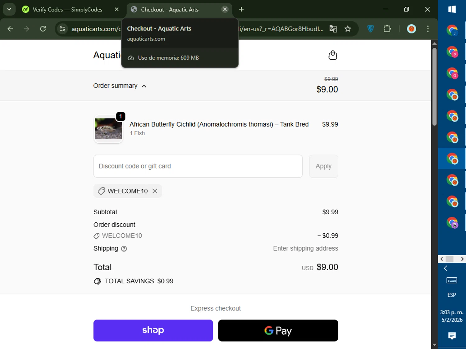 Aquatic Arts checkout page showing Aquatic Arts discount code box | Screenshot taken by SimplyCodes community member on Feb 5, 2026