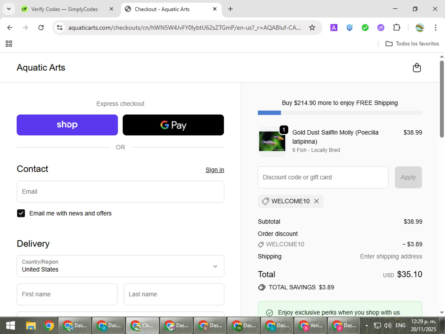 Aquatic Arts discount code screenshot showing code WELCOME10 applied at Aquatic Arts checkout page. Uploaded by SimplyCodes community member CoinMaven5220 on Nov 20, 2025