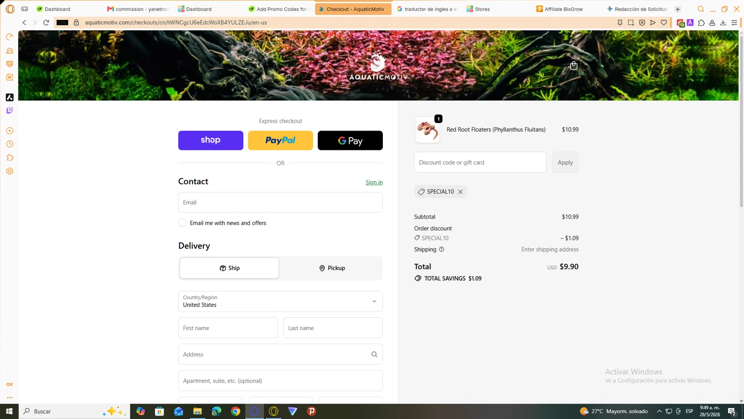 AquaticMotiv promo code screenshot showing code SPECIAL10 applied at AquaticMotiv checkout page. Uploaded by SimplyCodes community member JEUGENIO on May 28, 2026