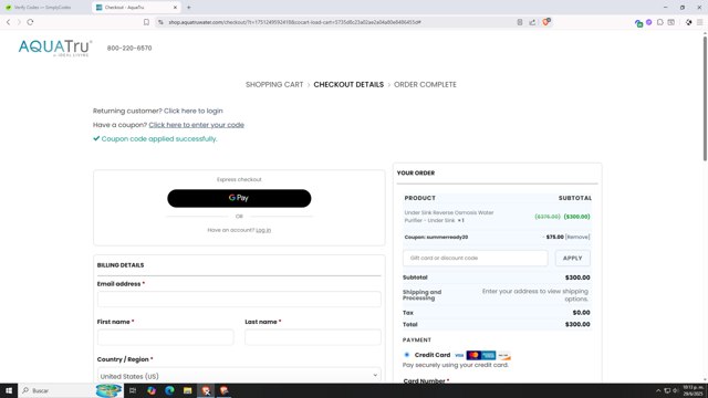 AquaTru checkout page showing AquaTru coupon code box | Screenshot taken by SimplyCodes community member on Jun 30, 2025