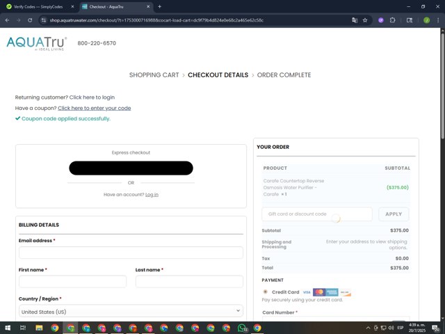 AquaTru checkout page showing AquaTru coupon code box | Screenshot taken by SimplyCodes community member on Jul 20, 2025