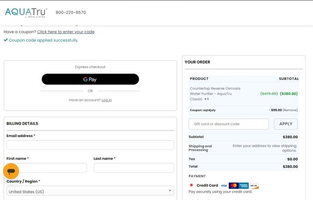 AquaTru checkout page showing AquaTru coupon code box | Screenshot taken by SimplyCodes community member on Jul 13, 2025