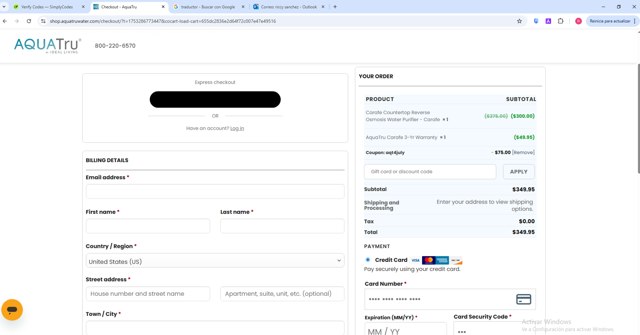 AquaTru checkout page showing AquaTru coupon code box | Screenshot taken by SimplyCodes community member on Jul 23, 2025