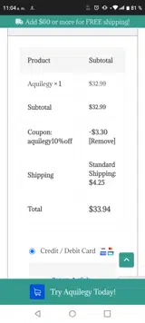 aquilegy10%off coupon verification screenshot