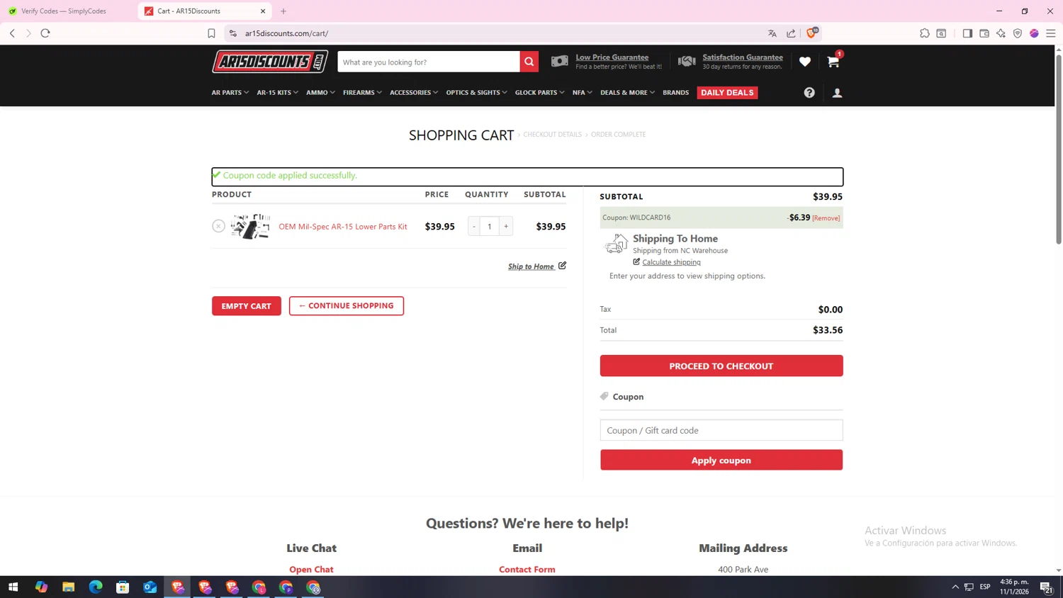 AR15 Discounts promo code screenshot showing code WILDCARD16 applied at AR15 Discounts checkout page. Uploaded by SimplyCodes community member CodeLynx5272 on Jan 11, 2026