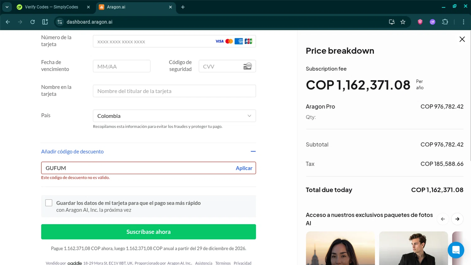 Aragon AI promo code screenshot showing code GUFUM applied at Aragon AI checkout page. Uploaded by SimplyCodes community member CBR600 on Dec 29, 2025