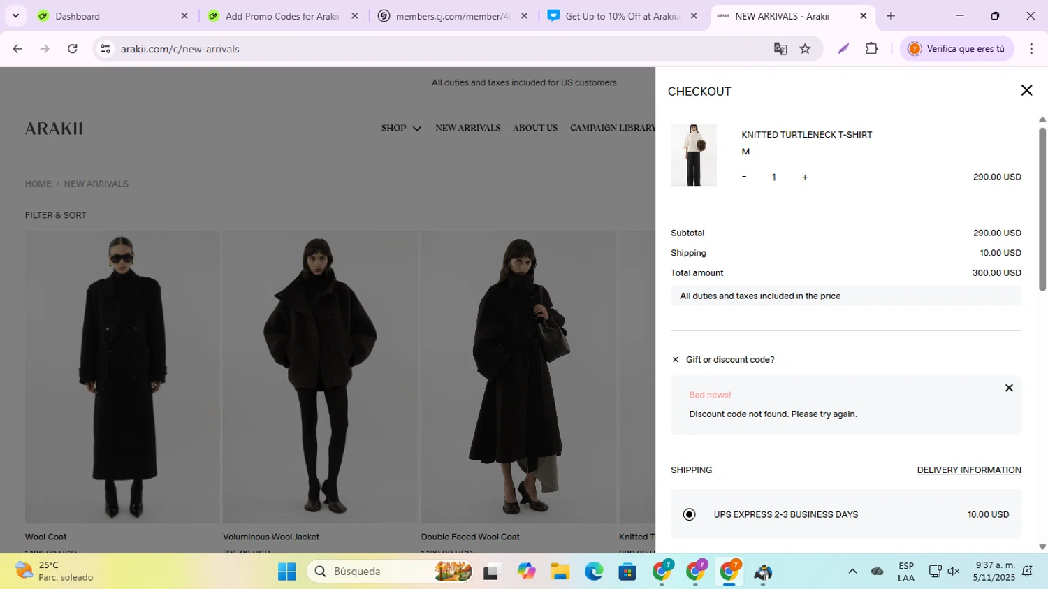 Arakii discount code screenshot showing code WELCOME10 applied at Arakii checkout page. Uploaded by SimplyCodes community member jesusalvarez1 on Nov 5, 2025
