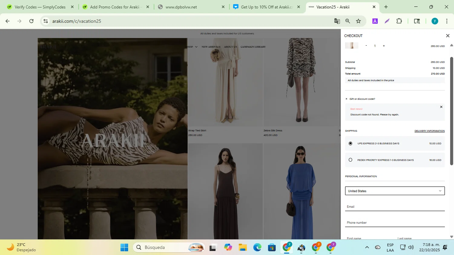 Arakii discount code screenshot showing code WELCOME10 applied at Arakii checkout page. Uploaded by SimplyCodes community member yadiracg074 on Oct 22, 2025