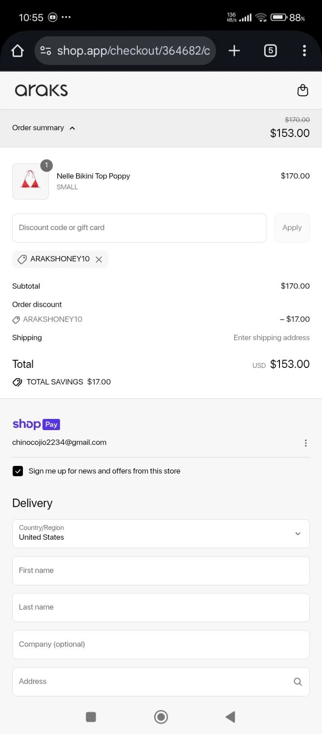Araks discount code screenshot showing code ARAKSHONEY10 applied at Araks checkout page. Uploaded by SimplyCodes community member Jutdcv on Jul 14, 2025