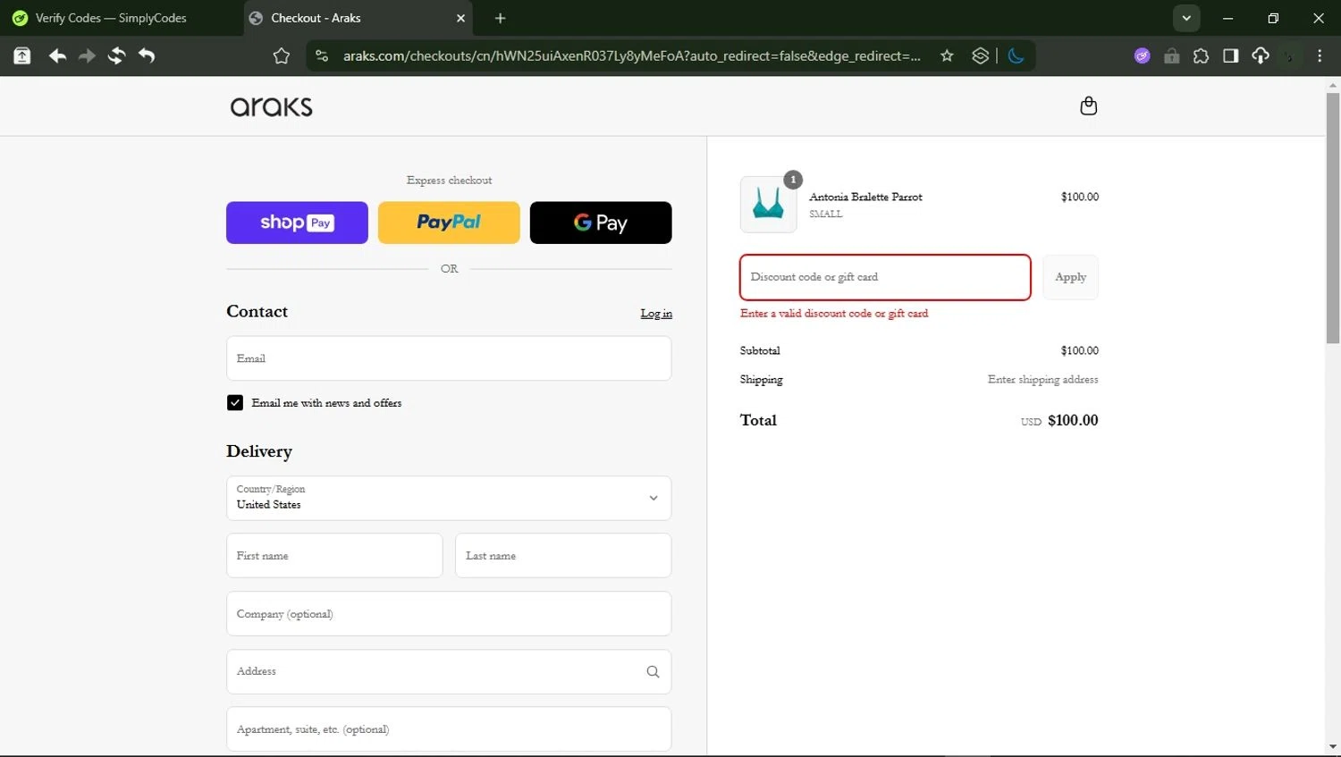 Araks discount code screenshot showing code ARAKSHONEY10 applied at Araks checkout page. Uploaded by SimplyCodes community member RewardMonarch1185 on Aug 22, 2025