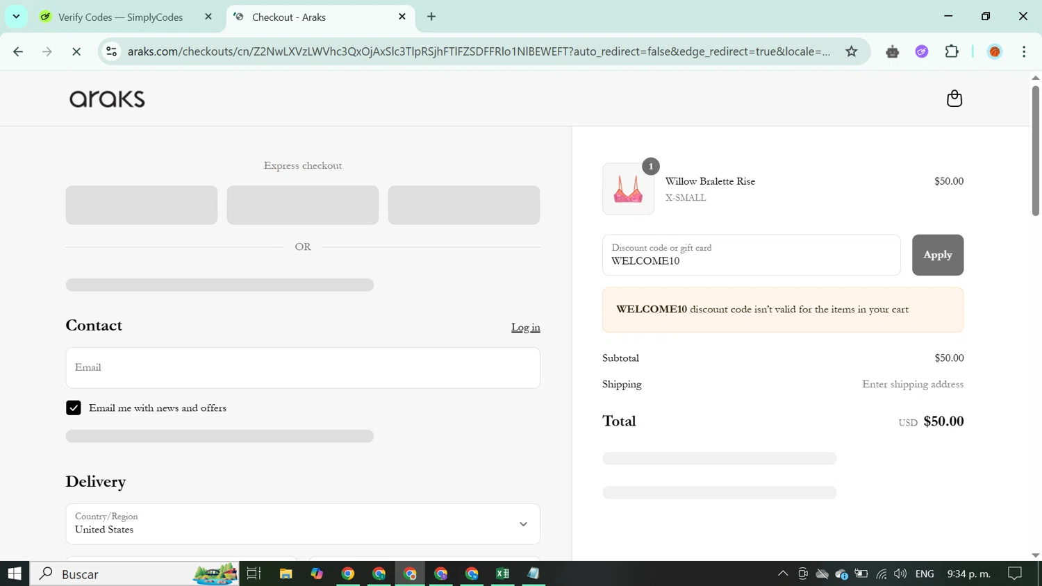 Araks discount code screenshot showing code WELCOME10 applied at Araks checkout page. Uploaded by SimplyCodes community member ABUSAMADRES_ on May 27, 2025