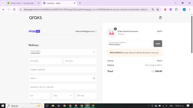 Araks checkout page showing Araks discount code box | Screenshot taken by SimplyCodes community member on Aug 26, 2025