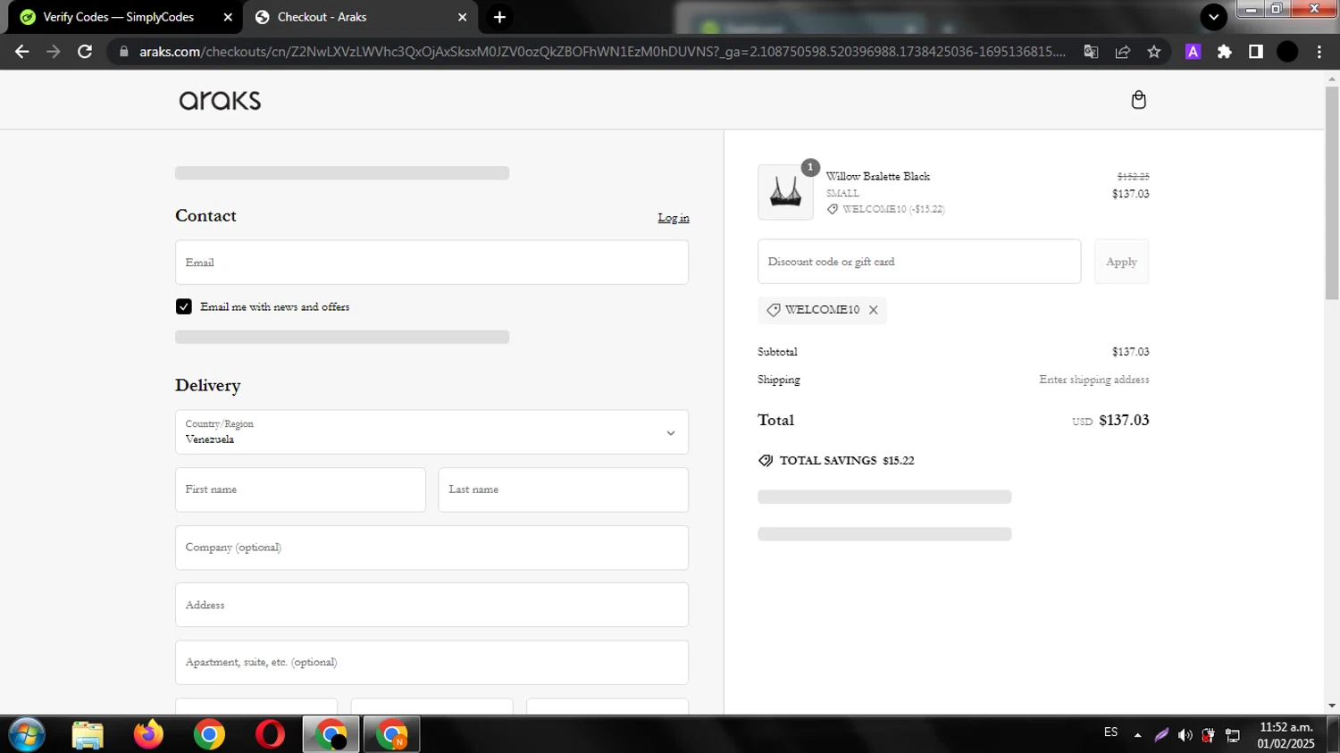 Araks discount code screenshot showing code WELCOME10 applied at Araks checkout page. Uploaded by SimplyCodes community member jesusguqnipa on Feb 1, 2025