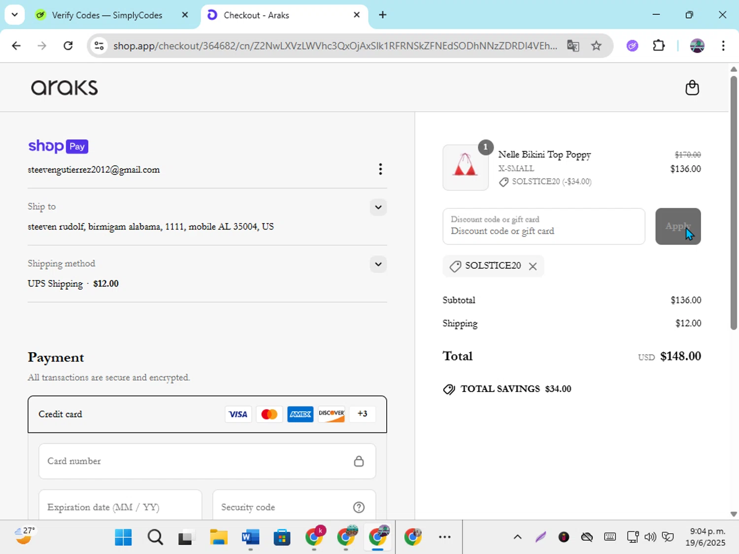 Araks discount code screenshot showing code solstice20 applied at Araks checkout page. Uploaded by SimplyCodes community member DiscountGenius6081 on Jun 20, 2025