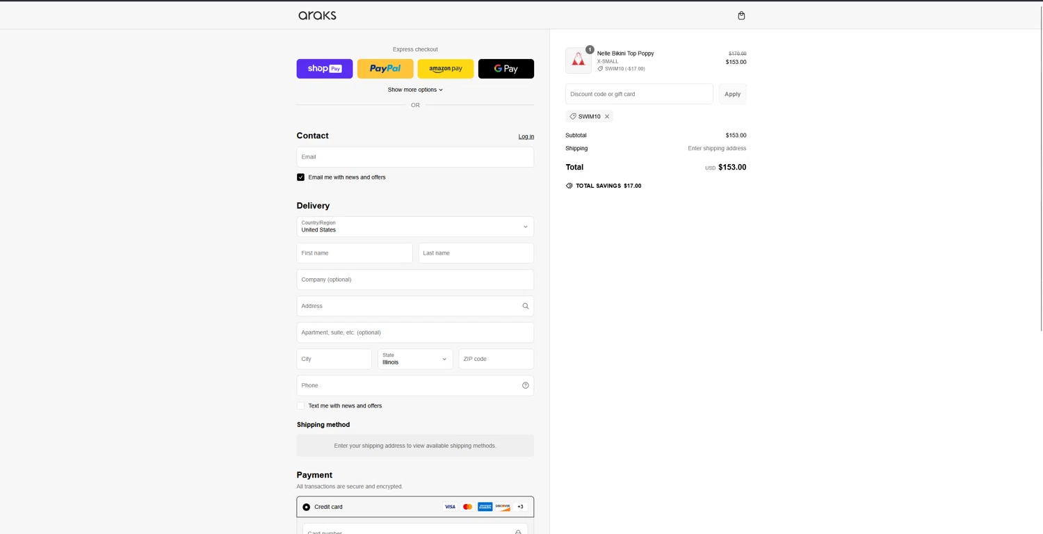 Araks discount code screenshot showing code SWIM10 applied at Araks checkout page. Uploaded by SimplyCodes community member bluemoony on Mar 8, 2025