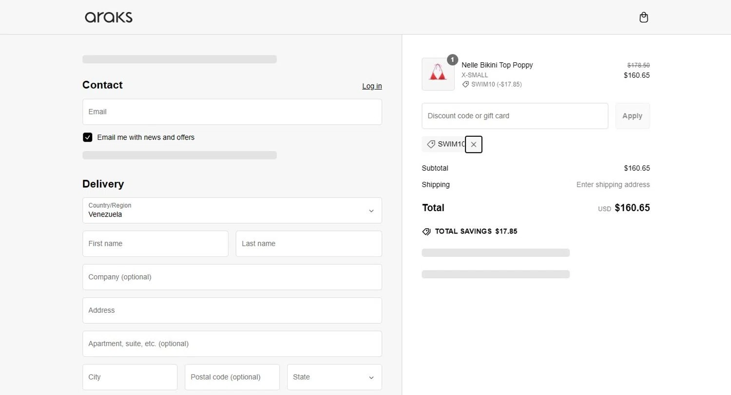 Araks discount code screenshot showing code SWIM10 applied at Araks checkout page. Uploaded by SimplyCodes community member SilverTracker8198 on Feb 23, 2025