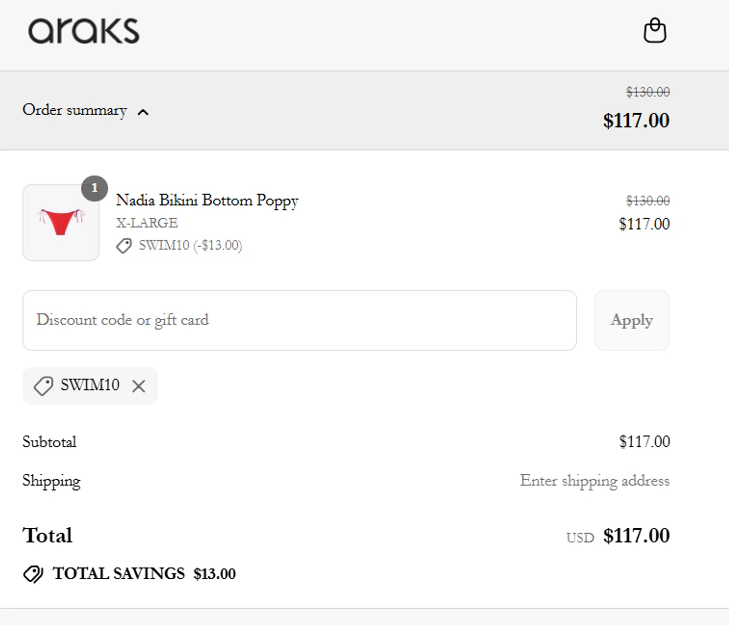 Araks discount code screenshot showing code SWIM10 applied at Araks checkout page. Uploaded by SimplyCodes community member dragonjeffer_93a9 on Jul 18, 2025
