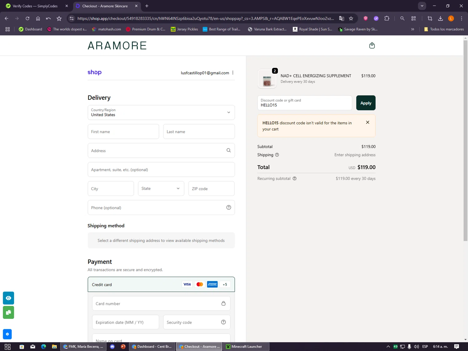 Aramore discount code screenshot showing code HELLO15 applied at Aramore checkout page. Uploaded by SimplyCodes community member VayneChambeadora on Dec 5, 2025