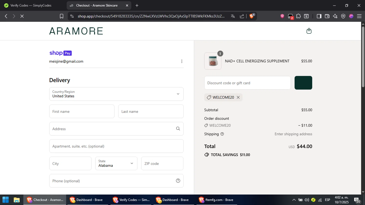 Aramore discount code screenshot showing code WELCOME20 applied at Aramore checkout page. Uploaded by SimplyCodes community member Cynoxx on Jul 10, 2025