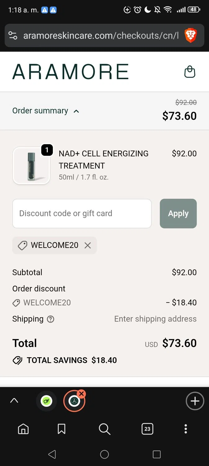 Aramore discount code screenshot showing code WELCOME20 applied at Aramore checkout page. Uploaded by SimplyCodes community member Minatonamekaze on Oct 7, 2025