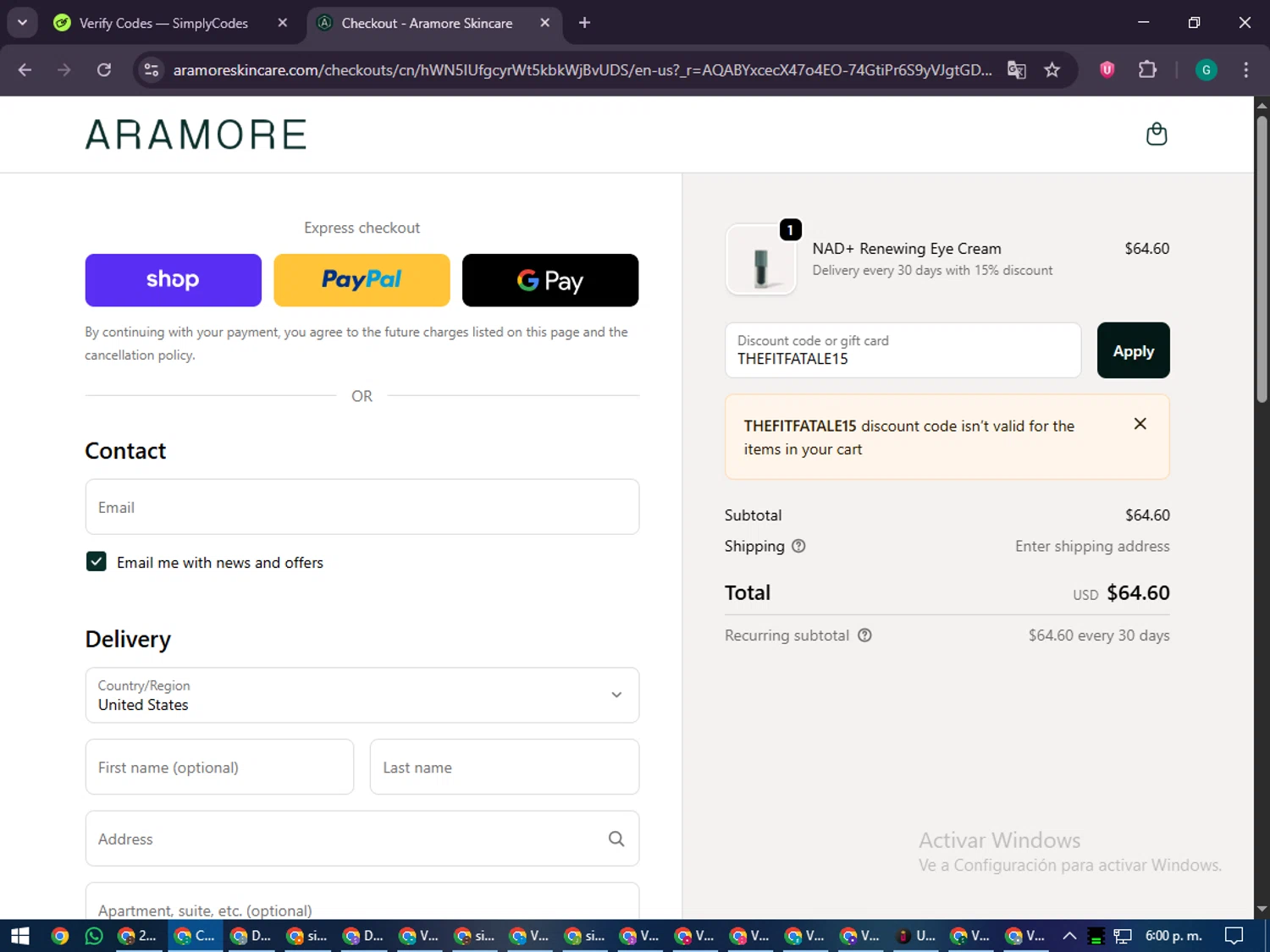 Aramore discount code screenshot showing code THEFITFATALE15 applied at Aramore checkout page. Uploaded by SimplyCodes community member PennyFinder5759 on Nov 14, 2025