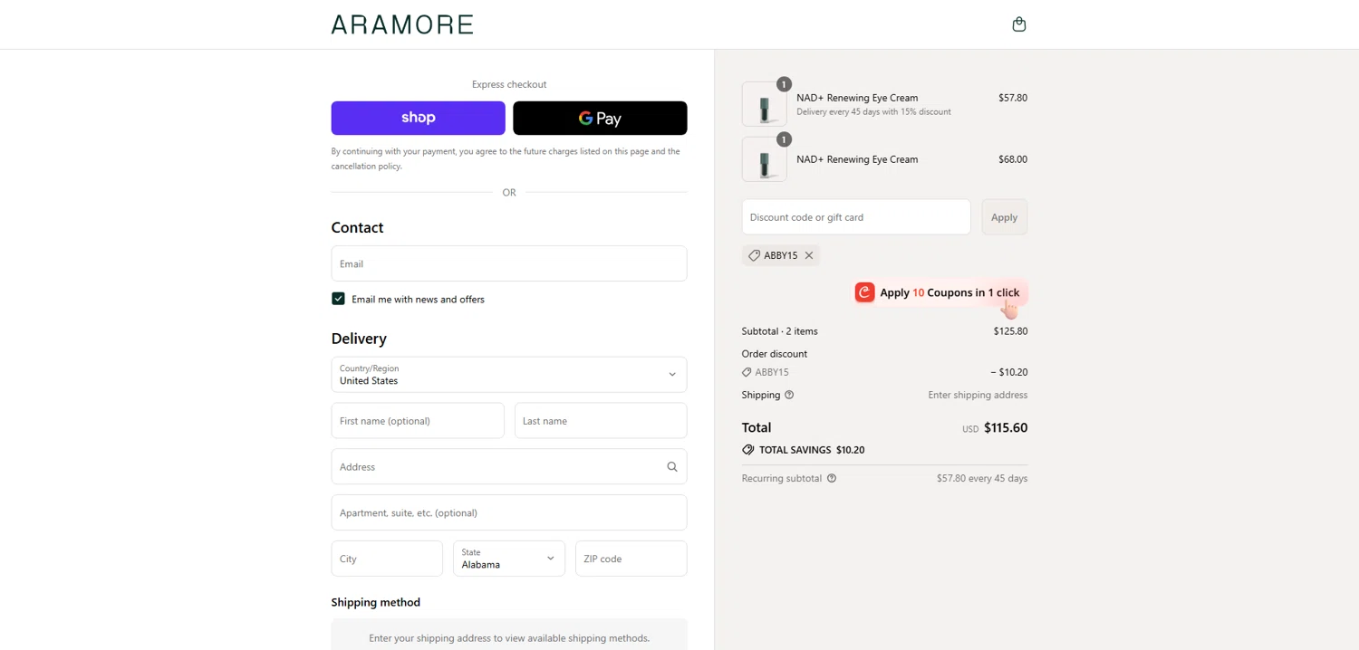 Aramore discount code screenshot showing code ABBY15 applied at Aramore checkout page. Uploaded by SimplyCodes community member Dorothy on Sep 8, 2025