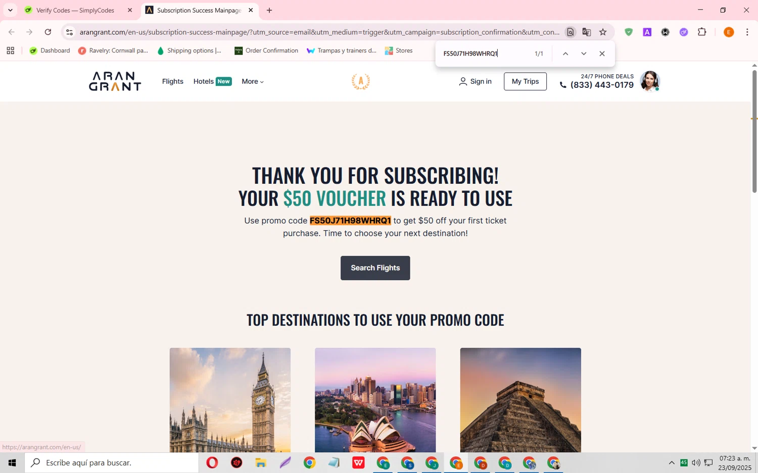Arangrant.com promo code screenshot showing code FS50J71H98WHRQ1 applied at Arangrant.com checkout page. Uploaded by SimplyCodes community member RewardFalcon3197 on Sep 23, 2025