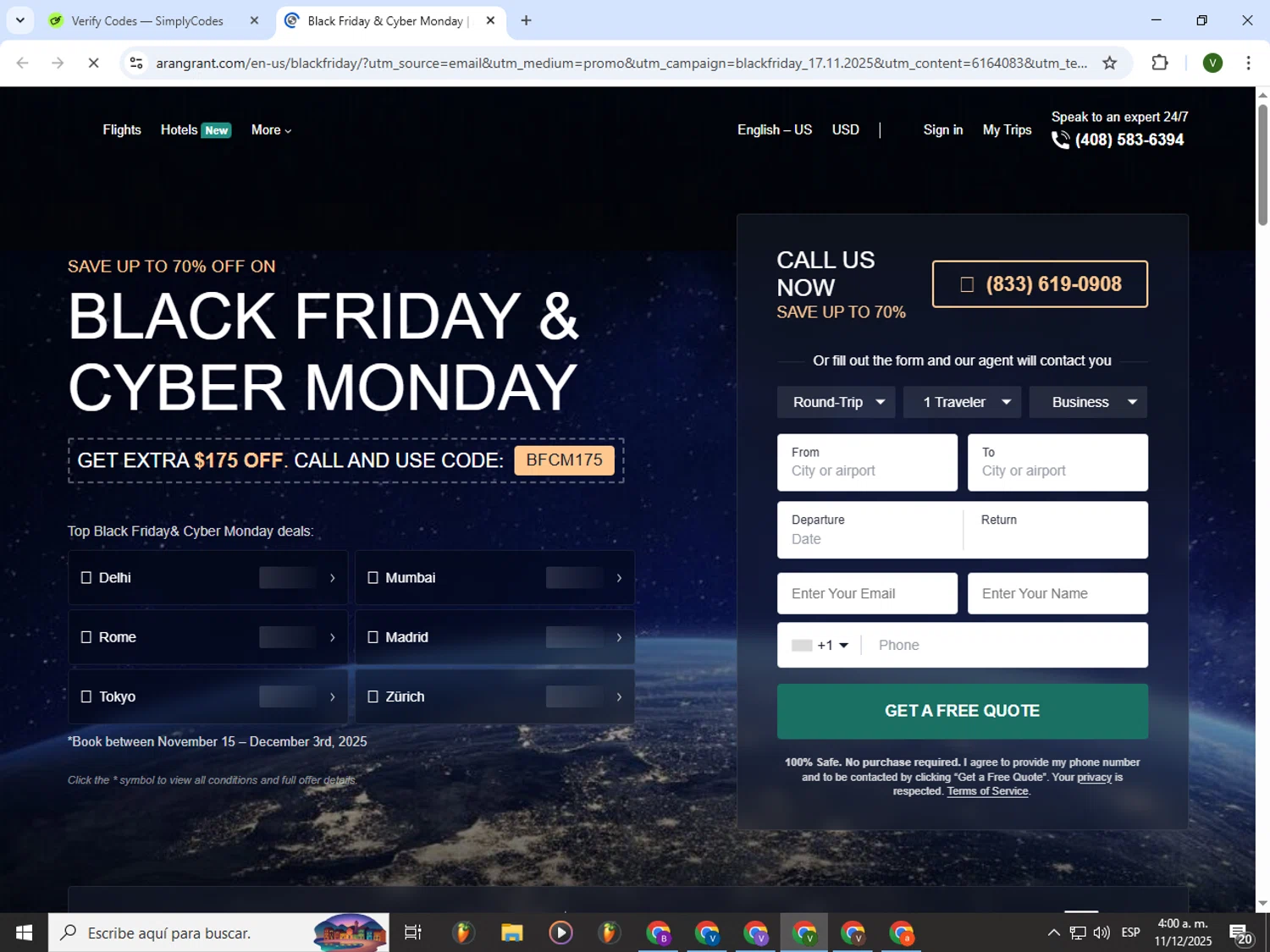 Arangrant.com promo code screenshot showing code BFCM175 applied at Arangrant.com checkout page. Uploaded by SimplyCodes community member PrimeWizard4168 on Dec 11, 2025