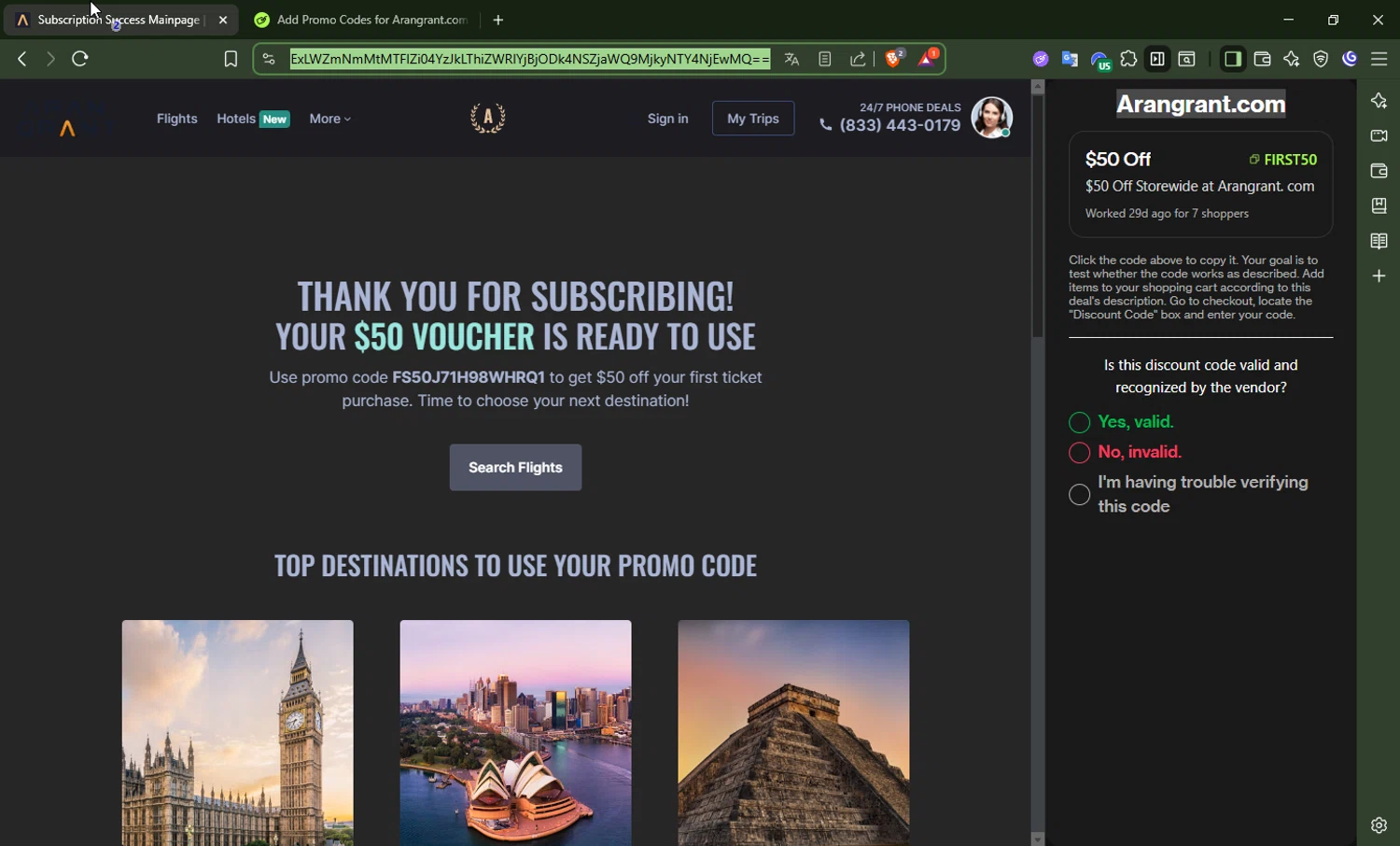 Arangrant.com promo code screenshot showing code FS50J71H98WHRQ1 applied at Arangrant.com checkout page. Uploaded by SimplyCodes community member DrossRotzank on Sep 23, 2025