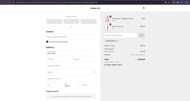 Aratta checkout page showing Aratta promo code box | Screenshot taken by SimplyCodes community member on Sep 11, 2025