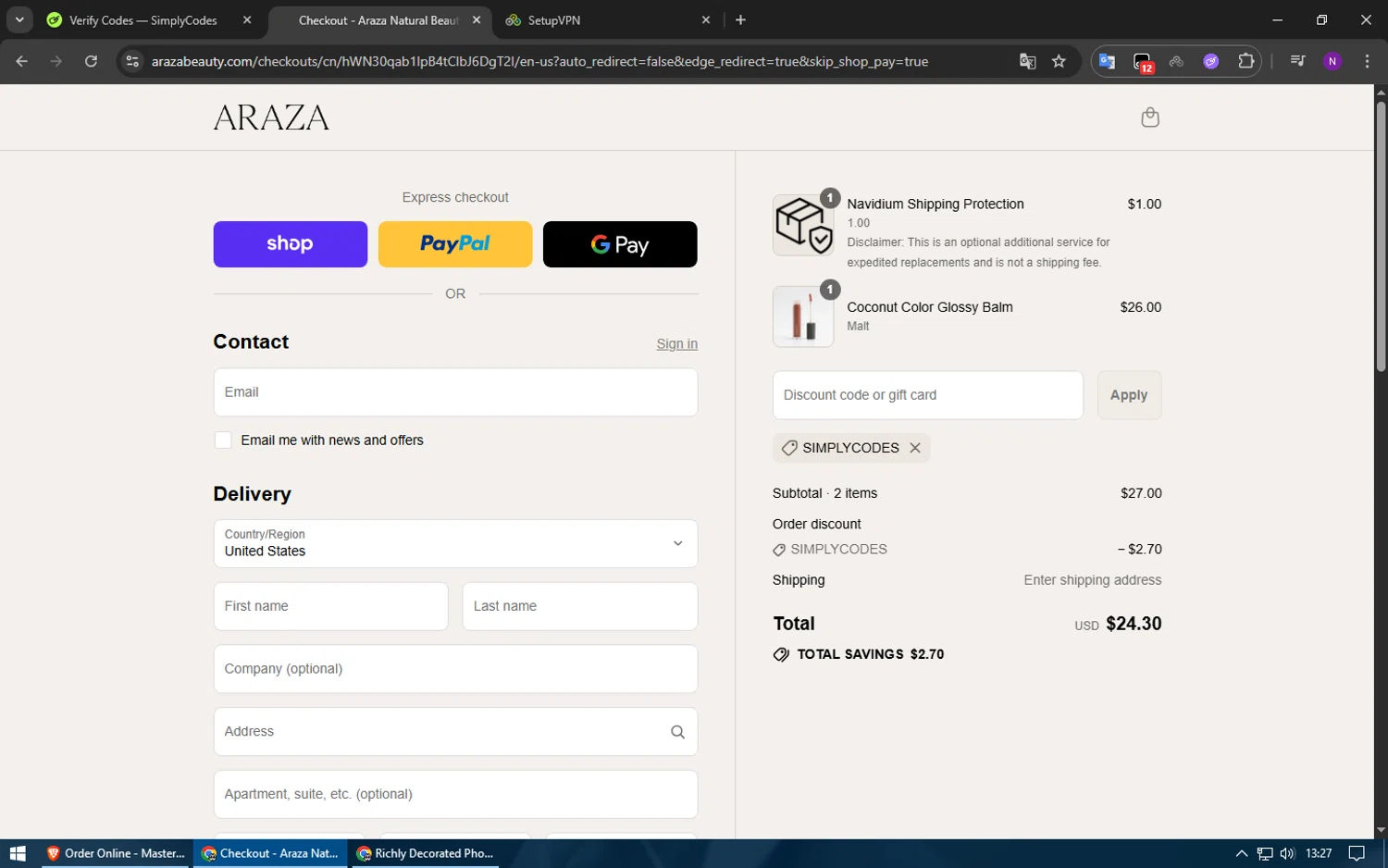 Araza Beauty discount code screenshot showing code SIMPLYCODES applied at Araza Beauty checkout page. Uploaded by SimplyCodes community member Voucher200 on Sep 15, 2025