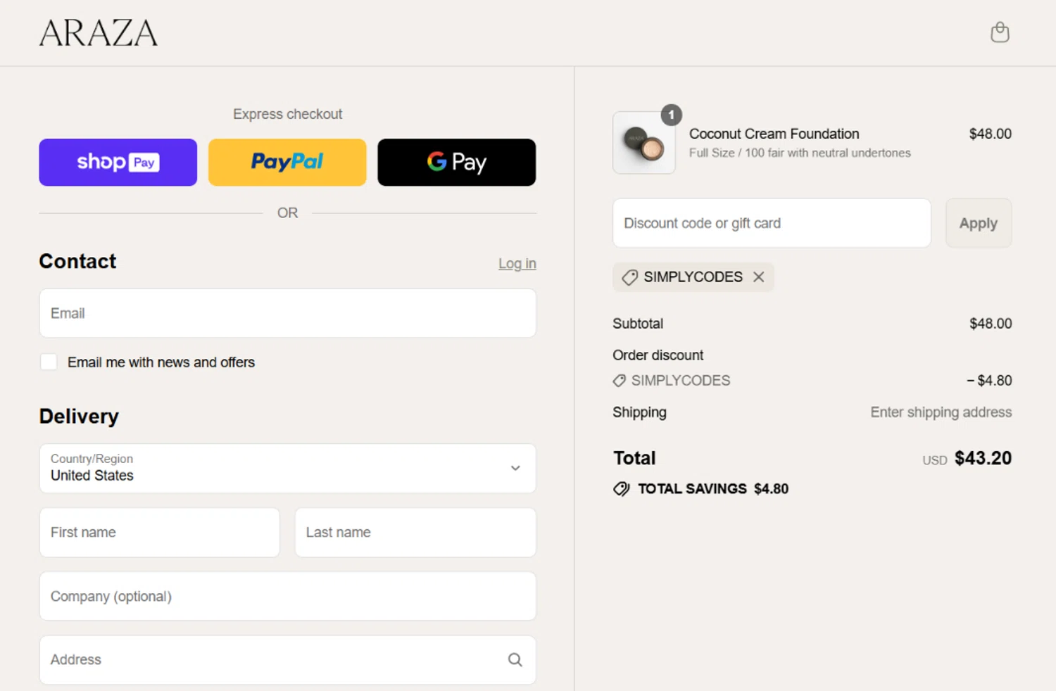Araza Beauty discount code screenshot showing code SIMPLYCODES applied at Araza Beauty checkout page. Uploaded by SimplyCodes community member angelavidal on Aug 24, 2025