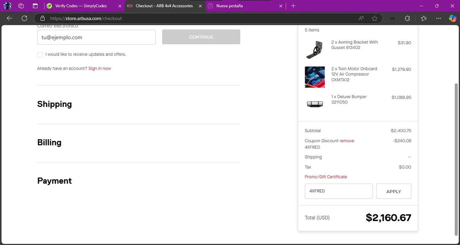 ARB checkout page showing ARB coupon code box | Screenshot taken by SimplyCodes community member on Mar 14, 2025