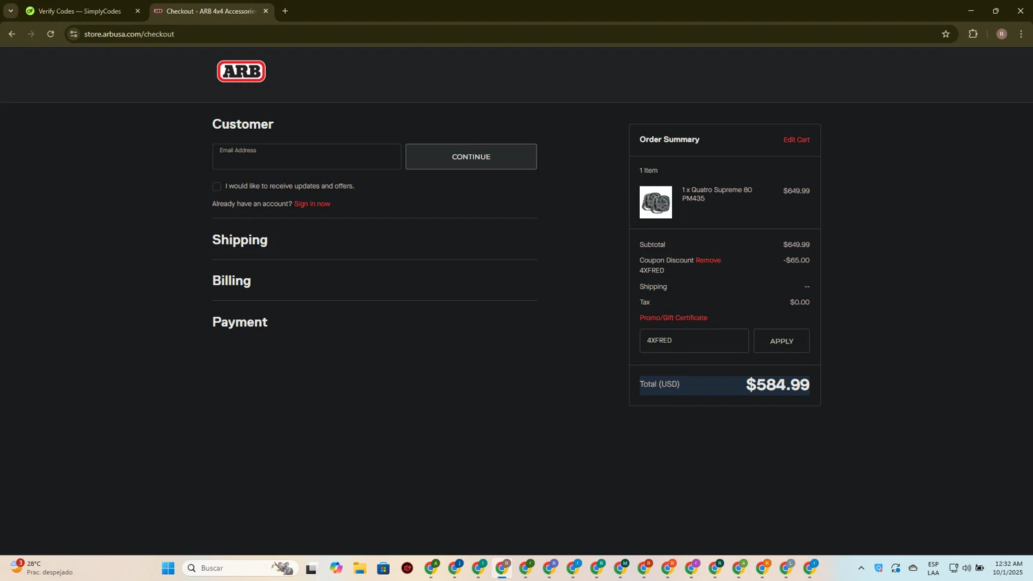 ARB coupon code screenshot showing code 4XFRED applied at ARB checkout page. Uploaded by SimplyCodes community member CashScout2884 on Oct 1, 2025