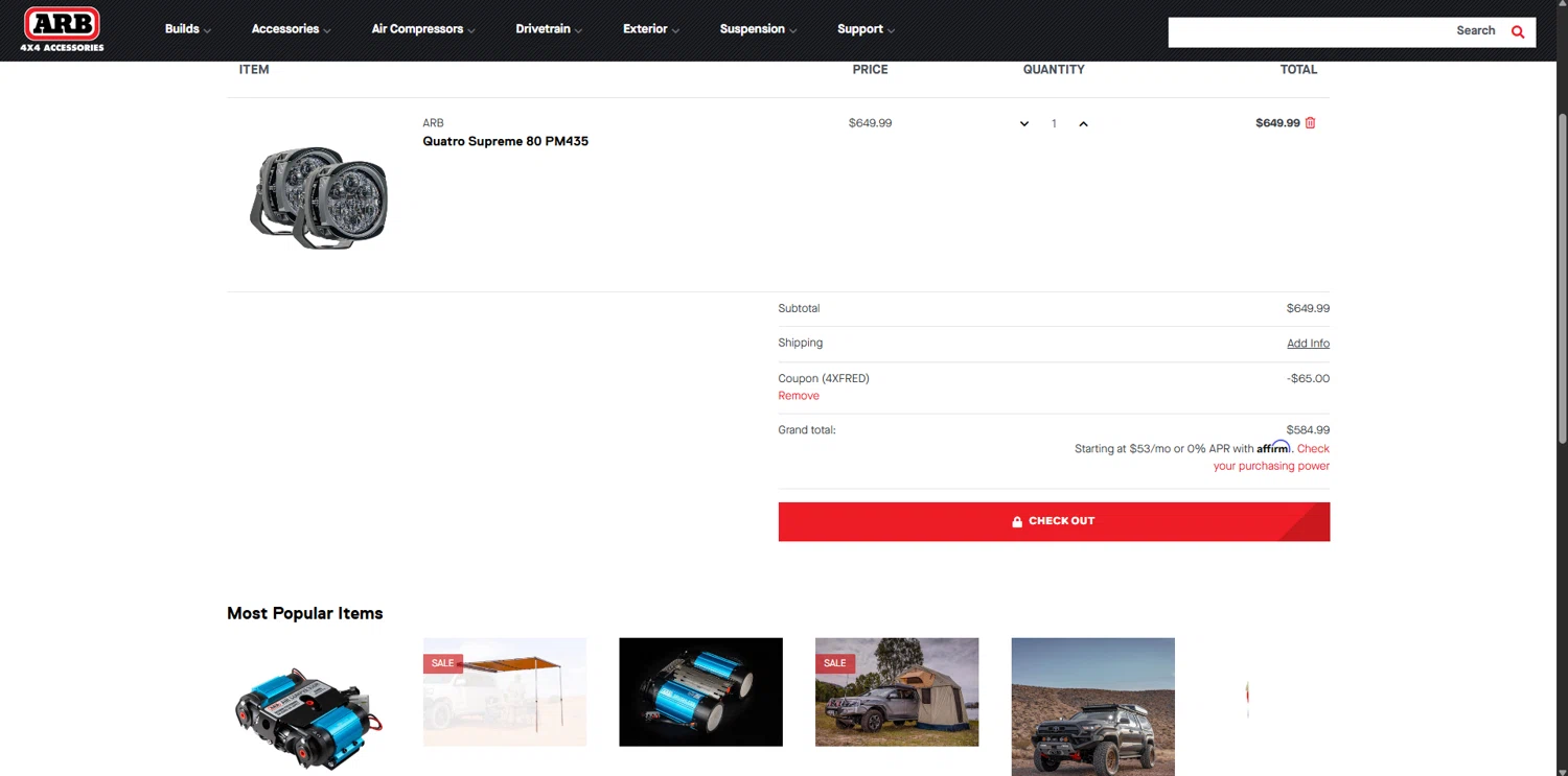 ARB coupon code screenshot showing code 4XFRED applied at ARB checkout page. Uploaded by SimplyCodes community member SavvySaver9108 on Oct 1, 2025