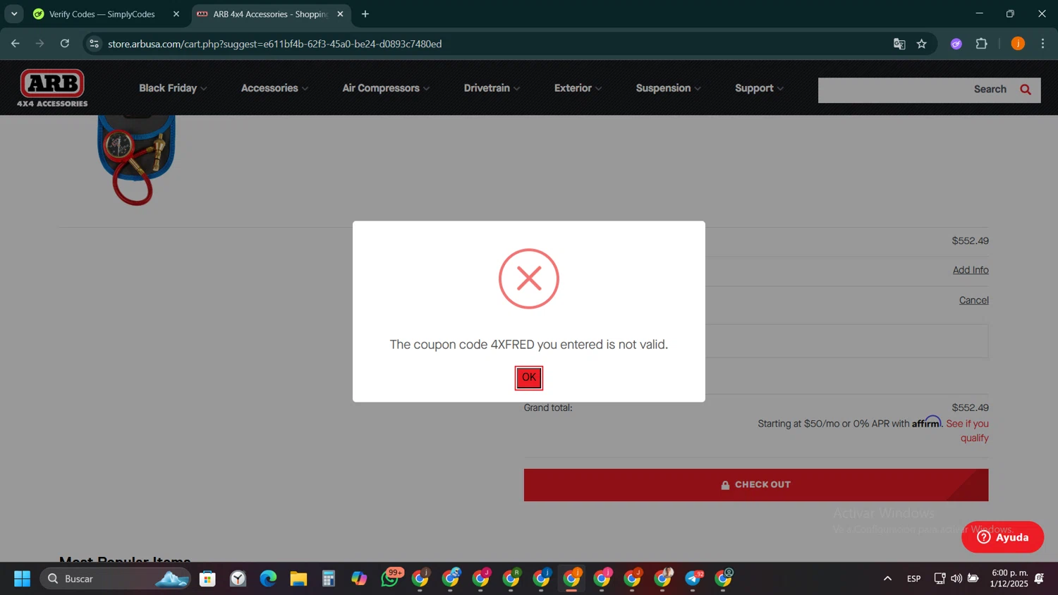 ARB coupon code screenshot showing code 4XFRED applied at ARB checkout page. Uploaded by SimplyCodes community member SilverSentinel5952 on Dec 1, 2025