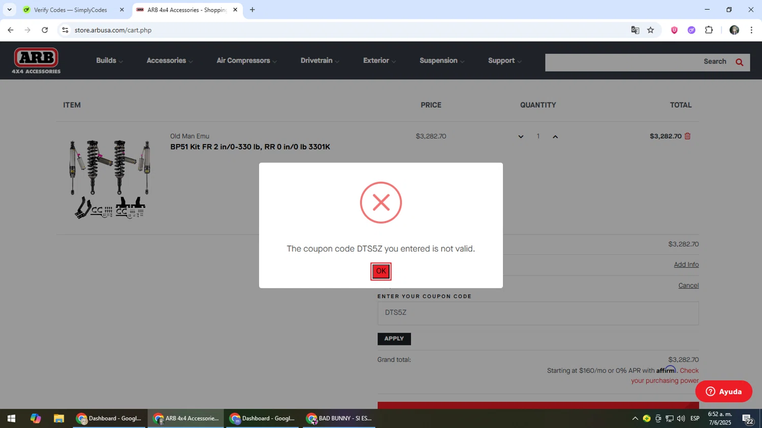 ARB coupon code screenshot showing code DTS5Z applied at ARB checkout page. Uploaded by SimplyCodes community member CleverLynx6871 on Jun 7, 2025