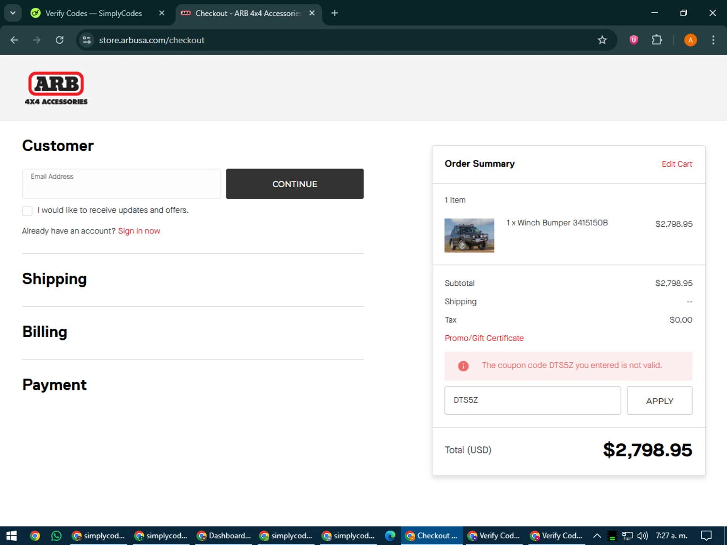 ARB coupon code screenshot showing code DTS5Z applied at ARB checkout page. Uploaded by SimplyCodes community member MoneyPhoenix4664 on Jun 7, 2025