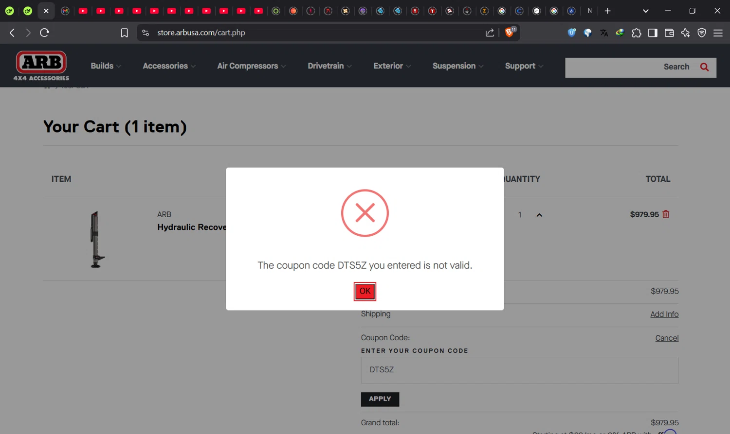 ARB coupon code screenshot showing code DTS5Z applied at ARB checkout page. Uploaded by SimplyCodes community member Norman_KSD on Jun 7, 2025