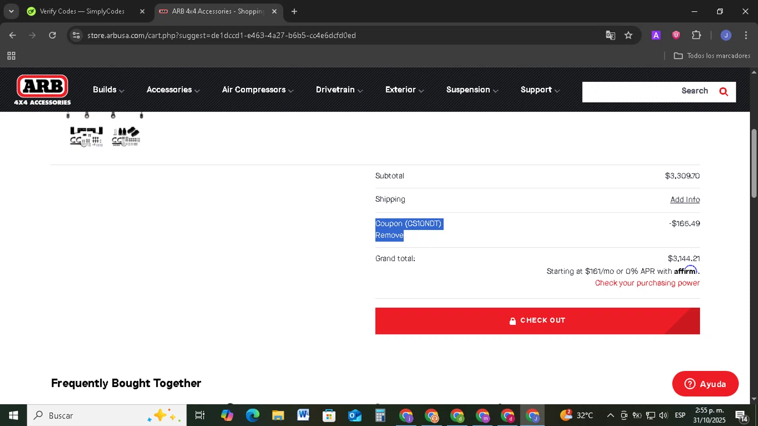 ARB coupon code screenshot showing code CS10NDT applied at ARB checkout page. Uploaded by SimplyCodes community member EpicSage3474 on Oct 31, 2025